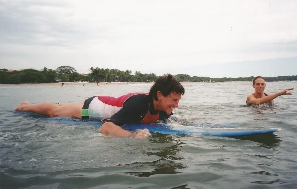 Even back then, our vision was the same; to share the love of surfing! Seems the notion has really caught on. Here is Holly spreading the stoke to one of our beginner students in Tamarindo in the early 2000's.