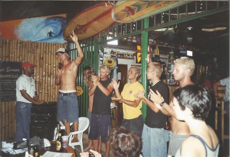 One thing that hasn't changed in the 15 years of operation is our high-energy Friday night Graduation! After a week of surf lessons and tours, we always congratulate and commemorate the week with an official graduation ceremony. And here is Niki, our energetic Englishman (now camp manager and head-brewmaster) back in his younger days. His role has slightly changed now, but his overflowing positive energy has not ;-)